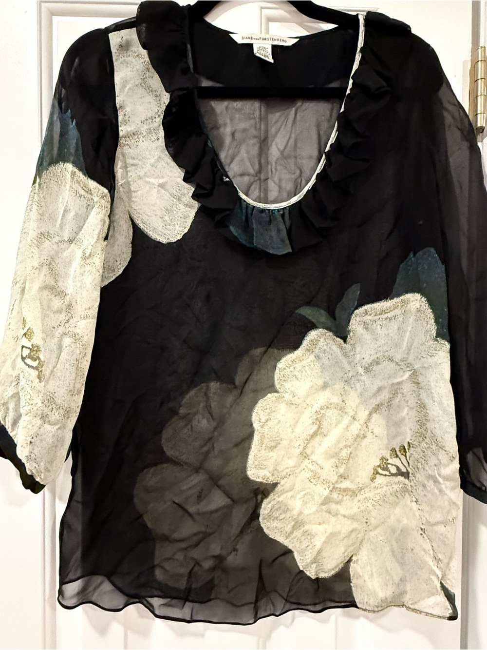 Diane Von Furstenberg Black Sheer Blouse with White Floral Print